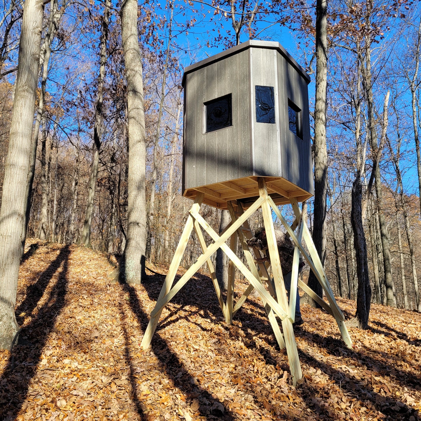 A wooden elevated hunting stand with a gray box-shaped cabin and four angled wooden legs, situated in a wooded forest with dry leaves on the ground and bare trees under a blue sky.