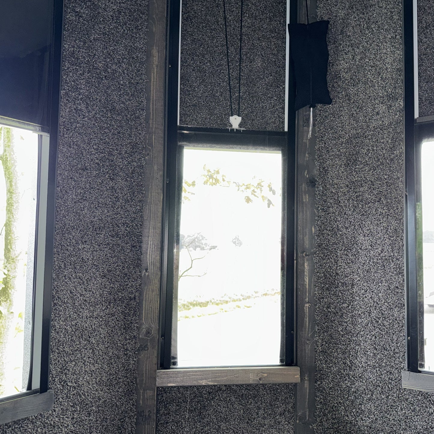 A hunting blind interior corner with three tall windows set in carpeted gray walls, showing a bright outdoor scene with trees through the glass.