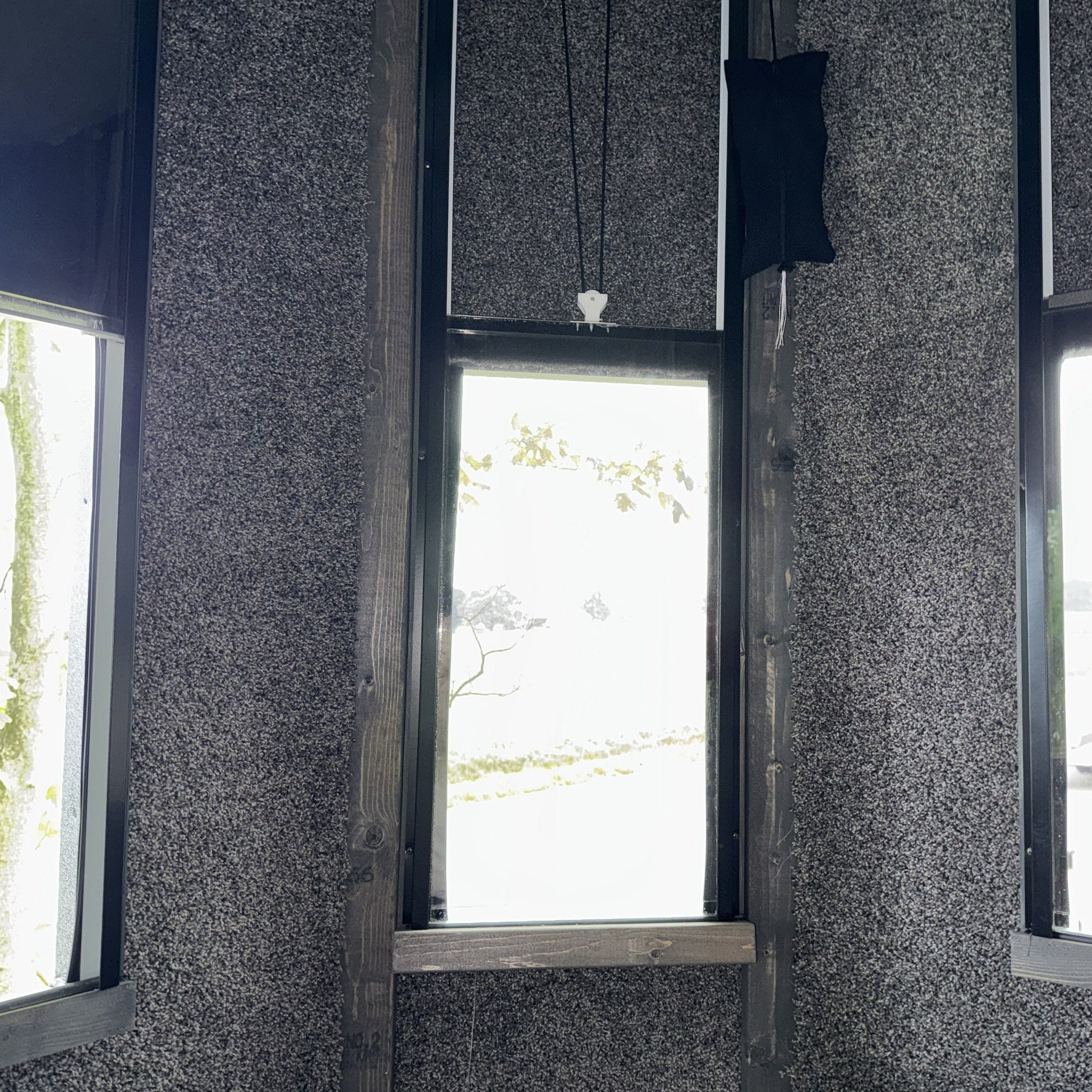 A hunting blind interior corner with three tall windows set in carpeted gray walls, showing a bright outdoor scene with trees through the glass.